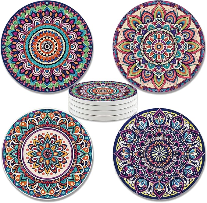zcyhtqp, Funny Absorbent Round Ceramic Stone Coasters Set of 4 with Cork Base, Mandala Drink Coasters, Ceramic Boho Coasters, Gifts for Home, Kitchen, Bar, Office Table Décor
