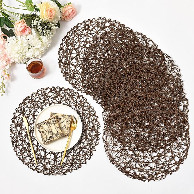 IcosaMro Brown Round Placemats Set of 6 for Dining Table, 15 Inch Paper Woven Boho Decorative Tan Circle Place Mat for Wedding Christmas Thanksgiving Day Holiday Dinner, Tan Brown