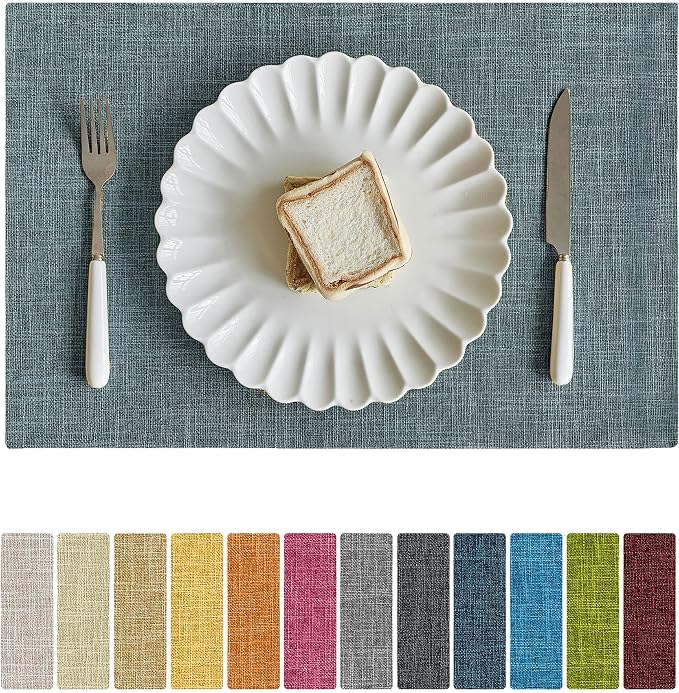 Softalker Faux Linen Placemats Set of 6-12 x 18 Inch, Heat Resistant Double Layered Durable Burlap Farmhouse Place Mats, Non-Slip Washable Rustic Table Mats for Dining, Kitchen, Party（Light Blue