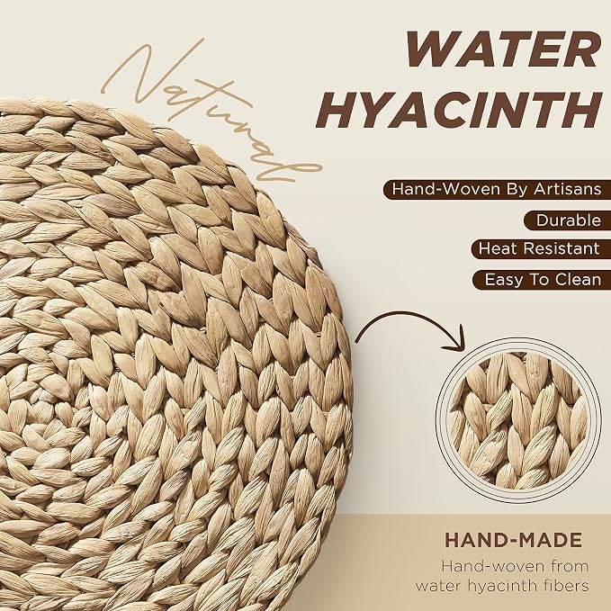 (Sizes:12"-13'') BLUEWEST Woven Placemats (Set of 10), Round Placemats Rattan, Wicker Water Hyacinth Placemat, Round Braided Placemats Set, Heat Resistant/Durable for Plate (13'', Set 10)