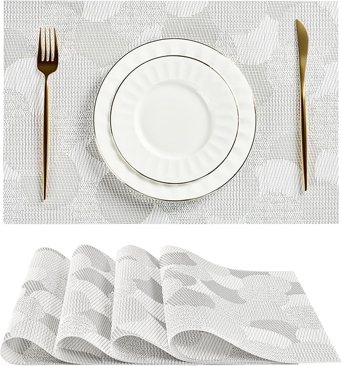 Leetaltree White Placemats Set of 4 - Heat Resistant Non-Slip Place mats for Dining Table, Washable Durable PVC Vinyl Woven Table Mats（White Circle, 4）