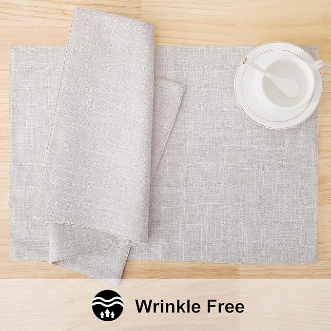 homing Faux Cotton Linen Placemats Set of 6, Cloth Washable Farmhouse Dining Table Mats for Indoors & Outdoors, Easy to Clean, Neutral Beige, 13 x 19 Inch
