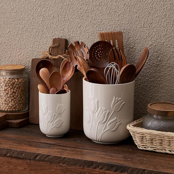 Tulips White Ceramic Utensil Holder Set, Large Kitchen Utensil Crocks – Modern Countertop Organizer for Cooking Utensils, Spatula, Spoons | Practical Kitchen Counter Decor