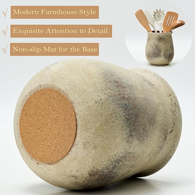 6.8"H Rustic Utensil Holder for Kitchen Counter, Modern Farmhouse Vintage Cooking Utensil Holder and Crock Home Kitchen Decor, Ceramic Utensil Organizer for Spatula, Ladle, Eggbeater, Rolling Pin