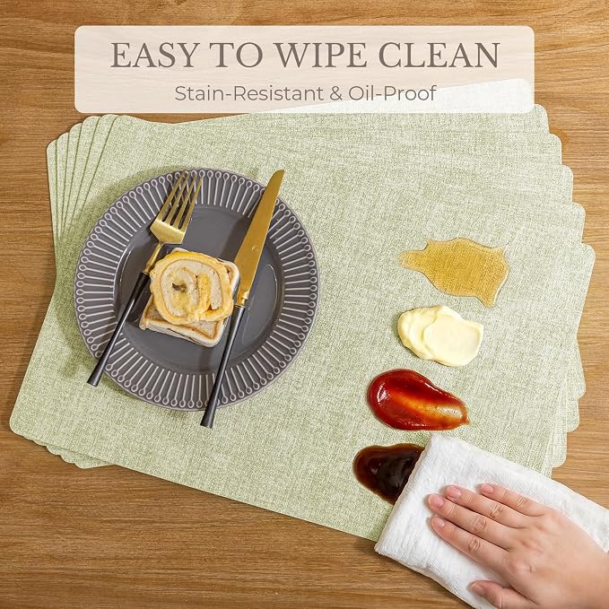 Romanstile Vinyl Placemats Set of 6-12 X 17 Inch - Faux Leather 100% Waterproof Wipeable Anti Slip Place Mats, Heat Resistant Reversible PU Table Mats for Kitchen Dining Party Outdoor, Grass Green