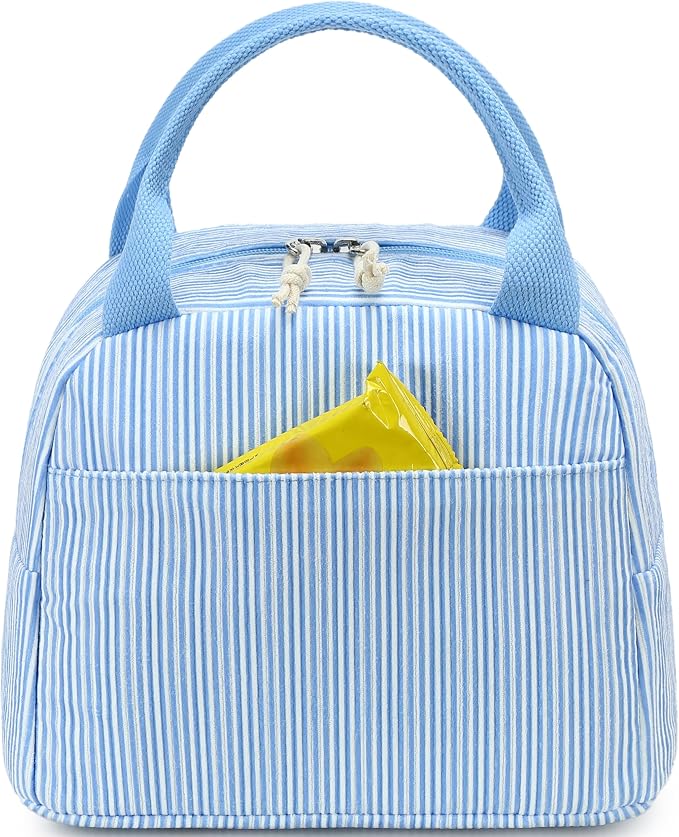 LEDAOU Lunch Box for Women Insulated Lunch Bag Corduroy Lunch Tote Bags Leakproof Cooler Lunch Case for Travel Work Picnic (K-Stripes-Blue)