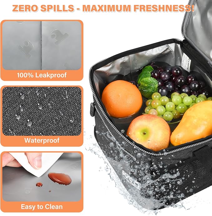 Tirrinia Insulated Lunch Box for Men/Women, Leakproof Lunch Bag for School Work, Large Lunch Tote Kids Boys Girls Student Back to School, Soft Cooler Office Picnic Beach Camping for Adults, Charcoal