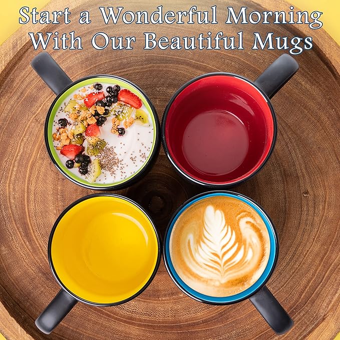 Mixpresso 4 Piece Mug Set, 16 Oz Coffee Mugs with Large Handle For Hot or Cold Drinks, Colorful Ceramic Coffee Mug Set For Coffee, Tea, Cappuccino, Milk, Cocoa, Cereal. Black and Colors Mugs