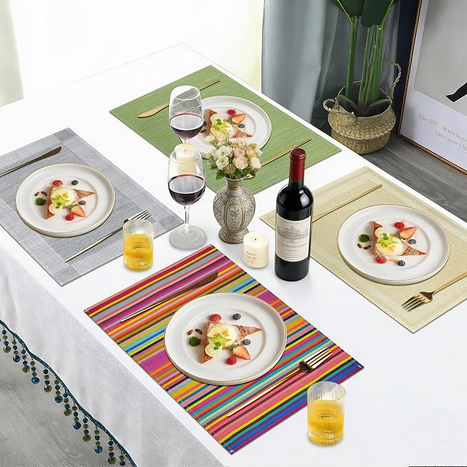 Bloss Placemats Set of 4, Linen Woven Place Mats for Kitchen Table Indoor/Outdoor, 12" x 18" Washable Silver Gray Placemat Dining Table Mats