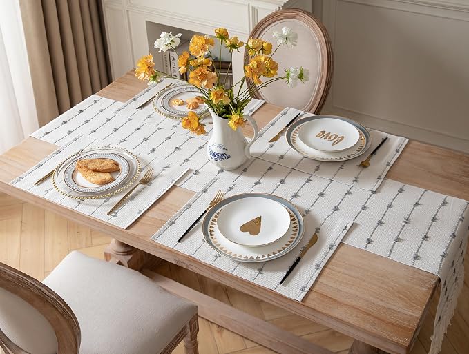 Boho Placemats Set of 4 for Dining Table Decor, Woven Cloth Place Mats for Farmhouse Rustic Kitche Home Decor, Cotton Placemats 13 x 19 Inch, Grey and Beige Table mats