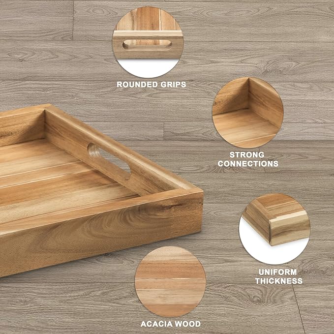 Natural Acacia Wooden Rectangular Serving Tray with Handles, Set of 2 (15"x11" & 13.6"x9.6"), Large Tray for Ottoman, Breakfast in Bed, Dinner, Coffee Table Decor & Kitchen
