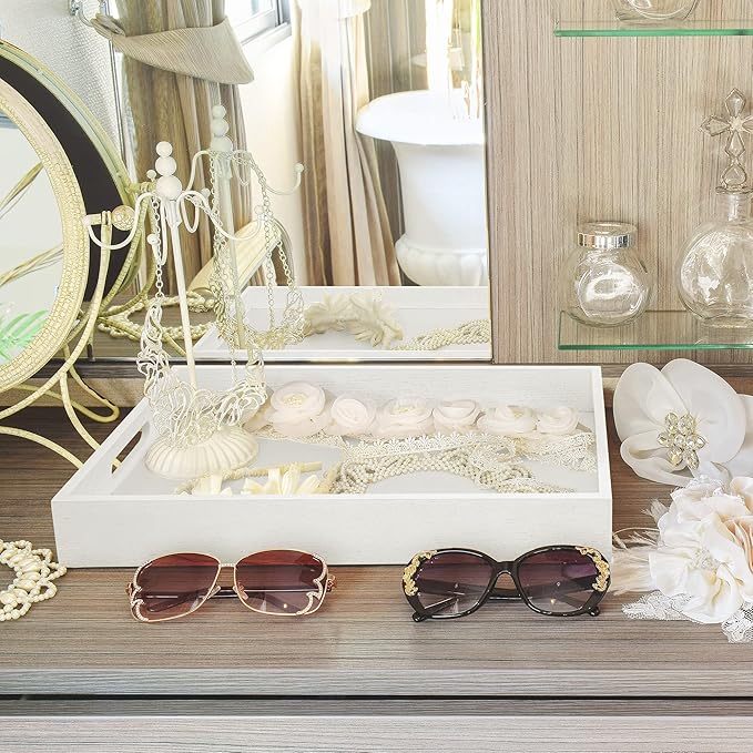 ATZYmolin Wood Serving Tray with Handles, Home Decorative Wooden Rectangle Ottoman Decor Platter Vanity Tray for Breakfast Dinner Drinks Kitchen Dining Living Bathroom Restaurants White