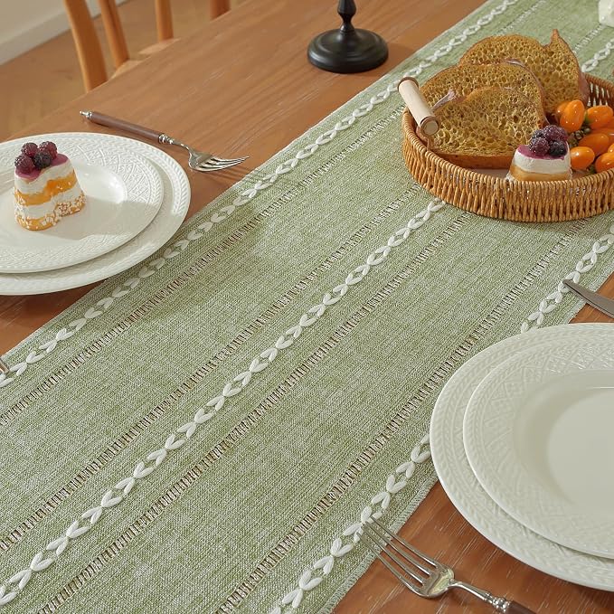 Niviy Sage Green Boho Cotton Linen Table Runner, Farmhouse Woven Table Runners Spring Holiday Kitchen Dining Table Decoration for Home Party Decor 13 x 72
