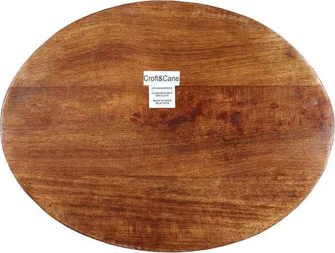 Croft&Cane Solid Wood Serving Tray - 16.75 x 12.5 Inch Oval Decorative Ottoman Tray - Hand-Carved Ribbed Design - Natural Wood Tray with Handles for Coffee Table, Kitchen, Breakfast & Décor