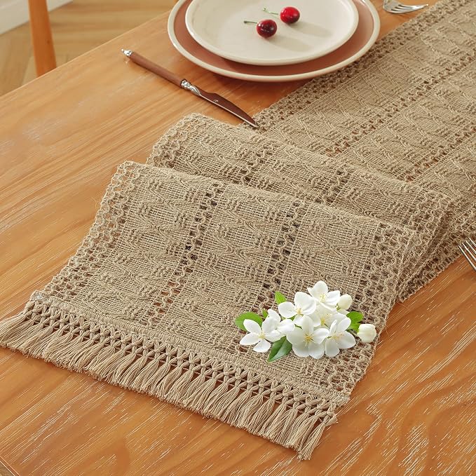 Niviy Burlap Boho Table Runner for Home Decor with Tassels 90 Inches Long, Modern Farmhouse Decor Rustic Macrame Woven Coffee Table Runners for Spring Dining Table Decoration, Burlap Brown