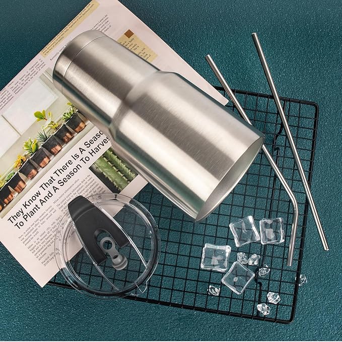 30 oz Tumbler with Lids and Straws Double Wall Insulated Tumbler Cup,Stainless Steel Leak-proof Thermal Coffee Tumbler Powder Coated Travel Mug for Cold and Hot Beverages,Silver