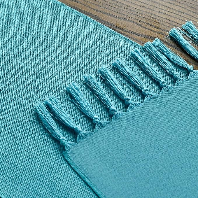 Artoid Mode Teal Tassel Table Runner, Winter Linen Blend Rustic Farmhouse Style Kitchen Table Decoration Holiday Wedding Party Dinning Decor 13x48 Inch