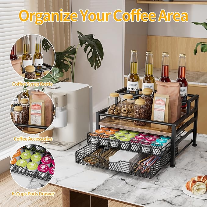 4 Tier Coffee Syrup Rack Organizer, Coffee Bar Organizer for Countertop, Coffee Station Organizer with 2 Sliding Drawers for Pods, K Cup Holder, Stirrer and Condiment, Brown