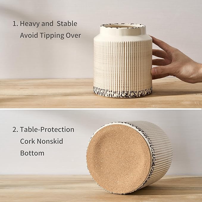 JIEMEI HOME Kitchen Utensil Holder, 6.77" Ceramic Farmhouse Stable Utensil Crock for Countertop, Vintage Style Cooking Tool Organizer with Cork Mat, Spatula Holder For Kitchen Decor, Antique Beige