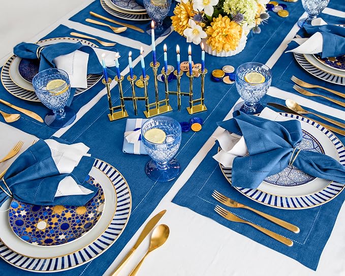 Solino Home Linen Table Runner 48 Inches - 100% Pure Linen Indigo Blue Hemstitch Table Runner 14 x 48 Inch Ideal for Dresser and Coffee Tables - Summer, 4th of July - Classic Hemstitch