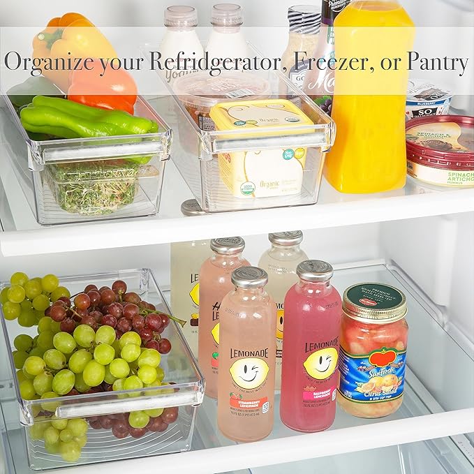 Kitchen Details 2 count Large Refrigerator Storage Bin, Fridge & Freezer, Kitchen Organization, Stainless Steel Handle, Countertop, Cabinets, Pantry, Clear (Pack of 6)