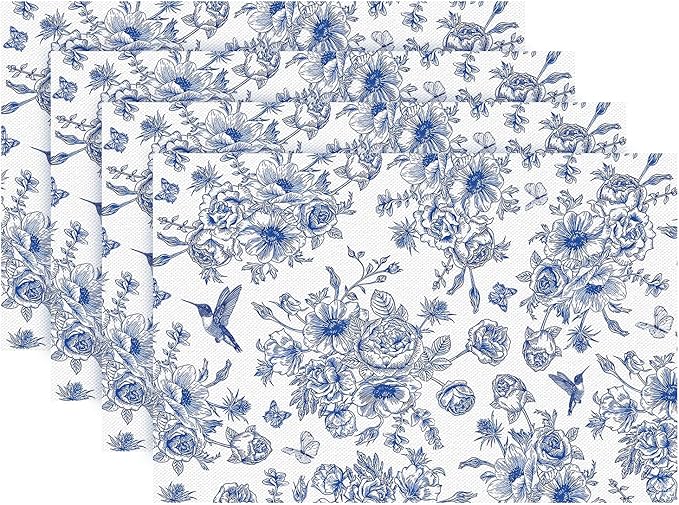 Snycler Table Runner Blue Monochrome Sketch Flower Birds Butterfly Table Cover Retro Floral Kitchen Dining Table Decoration for Indoor Outdoor Home Party Restaurant Supplies (12x18 Inch,Set of 4)