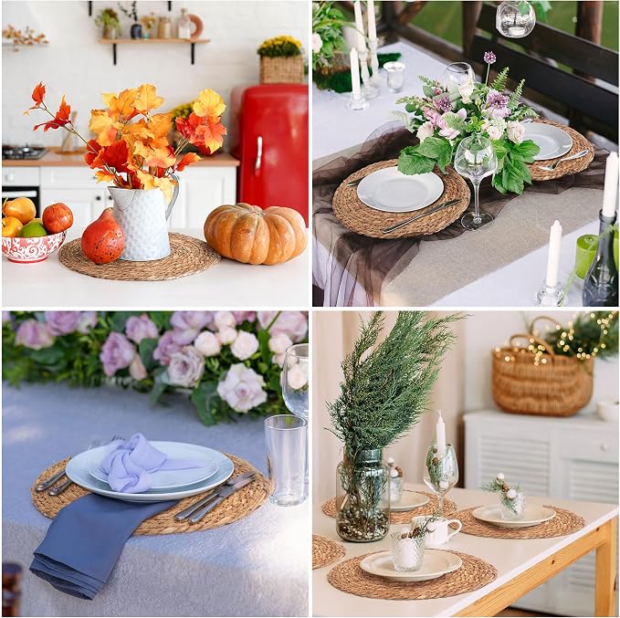 Alijoy 13 Inch Round Woven Placemats Set of 10 with Pearl Napkin Rings - Rattan Chargers for Dinner Plates, Natural Water Hyacinth Wicker Placemats, Rustic Placemat Boho Farmhouse Dining Table Deco