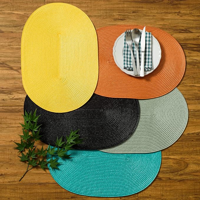 AHHFSMEI Placemats Set of 6 for Dining Table Washable Woven Non-Slip 18x12 inches Placemat Heat-Resistant Durable Table Mats for Dining Table Easy to Clean (Oval Black, 6)