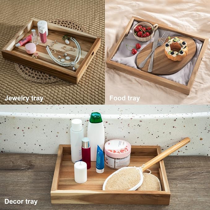 Natural Acacia Wooden Rectangular Serving Tray with Handles, Set of 2 (15"x11" & 13.6"x9.6"), Large Tray for Ottoman, Breakfast in Bed, Dinner, Coffee Table Decor & Kitchen