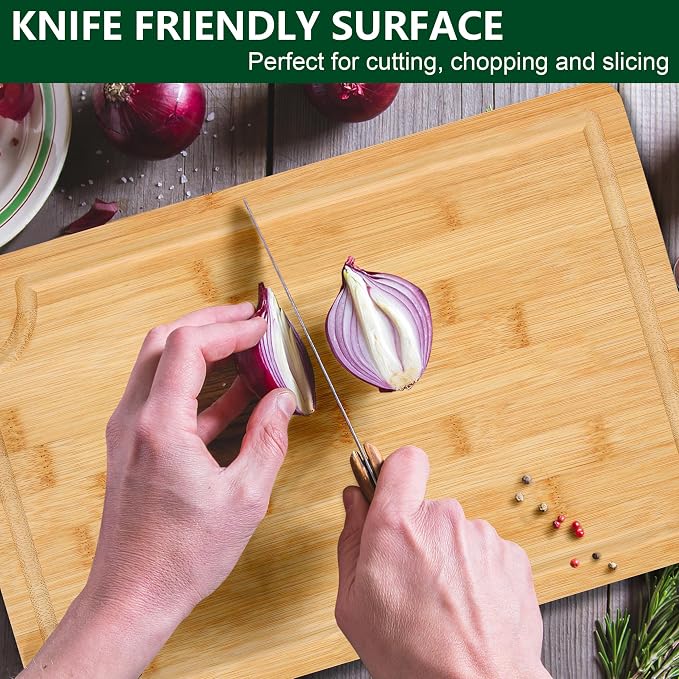 3PCS Bamboo Cutting Board Set - Durable Wooden Cutting Boards with Deep Juice Grooves & Built-in Handles & Hanging Holes, Ideal for Chopping Meat, Vegetables, Dishwasher Safe