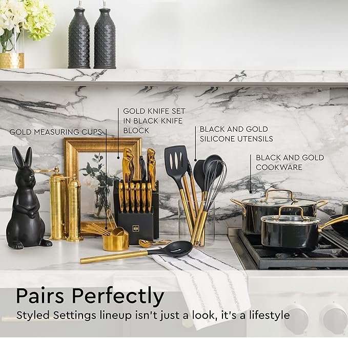 Black and Gold Kitchen Utensils Set - 6-PC Silicone Utensils Set Include Tongs, Whisk, Serving Spoon, Spatula, and Turner for Stylish Cooking and Baking - Black and Gold Kitchen Accessories and Decor