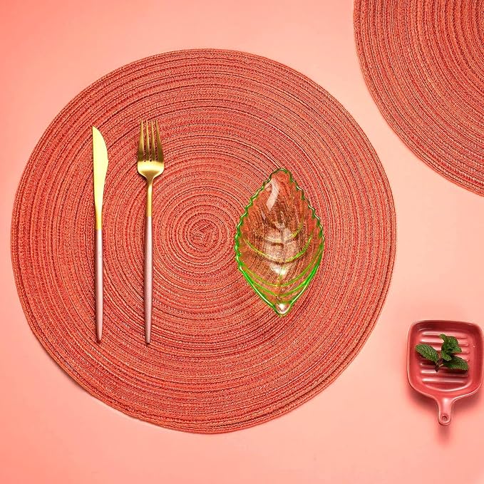 AHHFSMEI Round Braided Placemats Set of 4 Woven Table Mats for Dining Table Heat Resistant Easy to Clean Perfect for Kitchen & Home Decor (Orange)