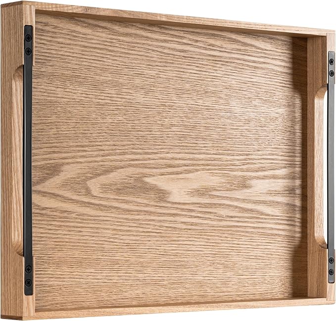Axeman Wooden Serving Tray with Metal Handles|Ottoman Tray for Breakfast, Bed, Couch|17x13in Ash Wood Coffee Table Trays|Food Drinks Decorative Storage Boards for Ottoman Kitchen, Natural