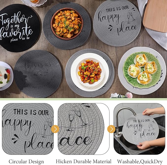 13 Inch Round Cotton Placemat Set of 6 Woven Boho Coasters Table Mats Dining Table Setting Decor Washable Heat Resistant Farmhouse Circle Place Mats for Home Accessories(Grey, Black)