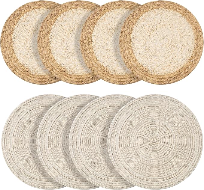 Handmade Round Boho Placemats Set of 4 | Natural Woven & Polyester Braided Combo Table Mats | 8-Piece Versatile Place Mats | Simple Rustic Farmhouse Style Dining Table Decor, Ivory