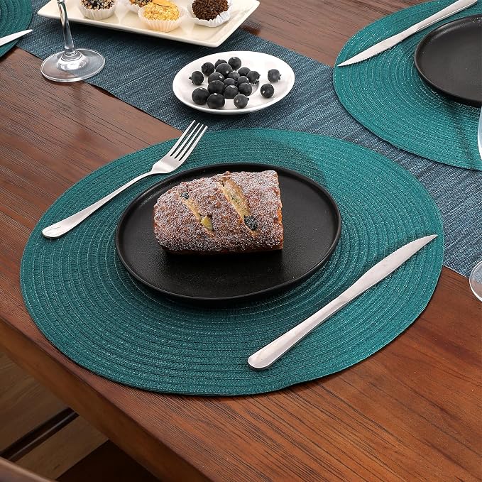 SHACOS Round Placemats Set of 8 Woven Braided Table Placemats 15 inch Circle Place Mats Washable Non Slip Table Mats for Home Wedding Party, Teal Green