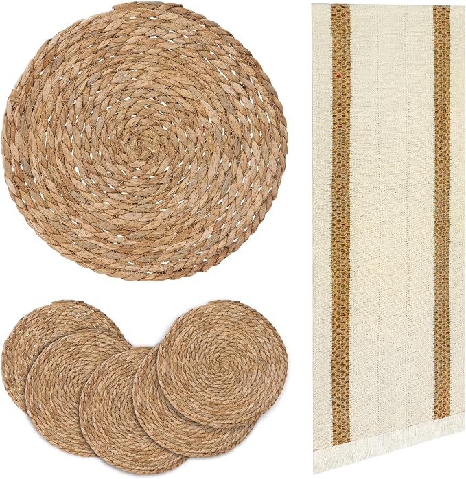 Round Woven Placemats Set of 6, with 72 Inches Long Farmhouse Macrame Table Runner Burlap Cotton Linen Table Runners Chargers for Dinner Plates, Beige & Brown