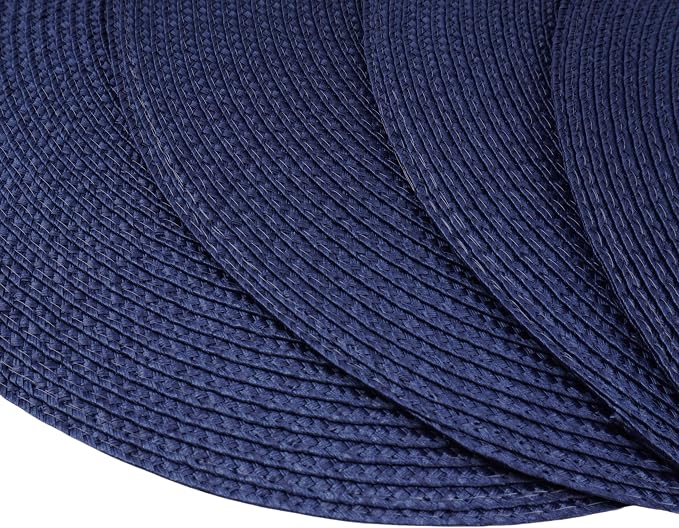 Round Braided Placemats Set of 6 Washable Easy to Clean Place Mats for Dining Tables Woven Non-Slip Heat Resistant Table Mats 15 Inch (Dark Blue)