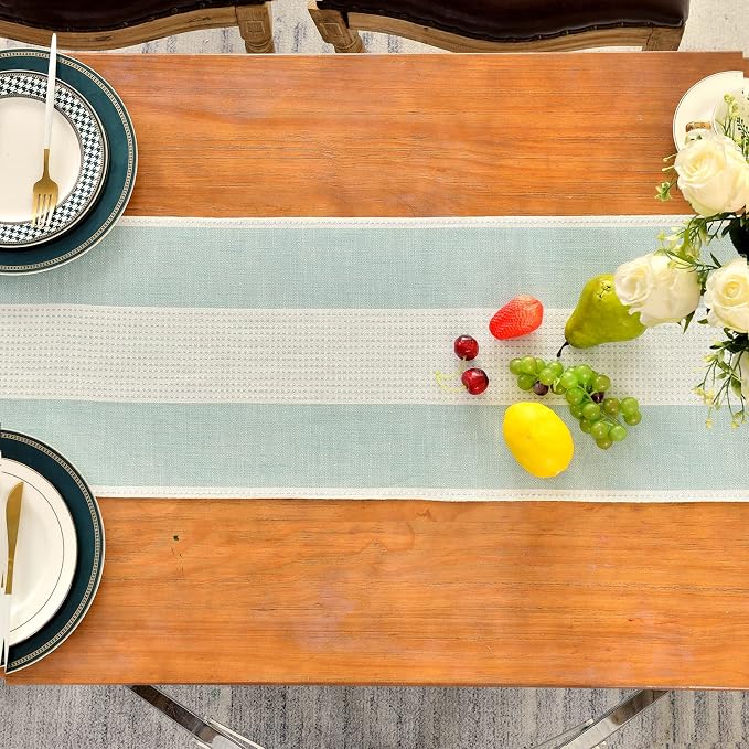 Wracra Linen Table Runner, Farmhouse Macrame Table Runners 108 Inches Long for Dining Table Decor, Wedding, Party and Dresser Decor (Aqua Blue,108")
