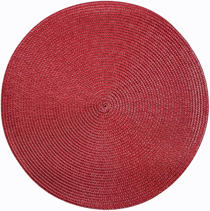 HODJOY Placemats Set of 6, Round Woven Table Mats for Dining Table, Washable Non-Slip Placemats for Christmas, 15inches (Dark Red)