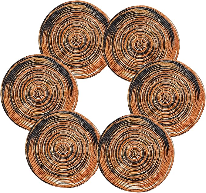 Youyi 15 Inch Round Braided Placemats Set of 6, Washable Heat Resistant Non-Slip Boho Farmhouse Table Mats for Kitchen Decor, Caramel