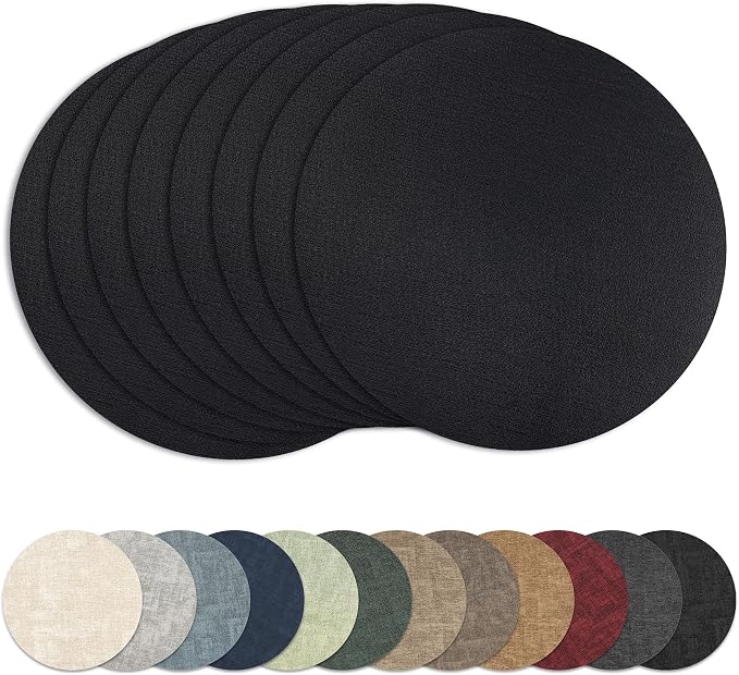 13" Round Placemats Set of 8, Reversible Faux Leather Heat Resistant Table Mats, 100% Waterproof Oilproof Wipeable Table Protective Placemats for Vinyl, Washable for Indoor (8, Black)