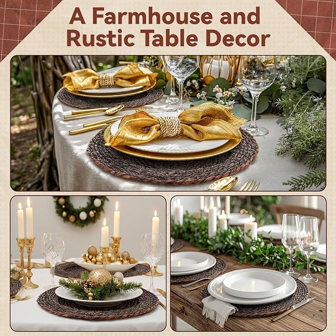 LemonRoad 13 Inch Boho Placemats Set of 6 Large Round Farmhouse Chargers Plate Mats Cattail Weave Woven Table Mats for Dining Plates Rustic Home Kitchen Wedding Party Table Decor, Dark Brown