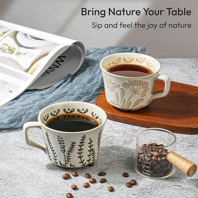 Ceramic Coffee Mug, 11 oz Small Novelty Unique Teacup with Handle, Stoneware Cup for Tea Mocha Latte Cappuccino (Set of 4, Plants)