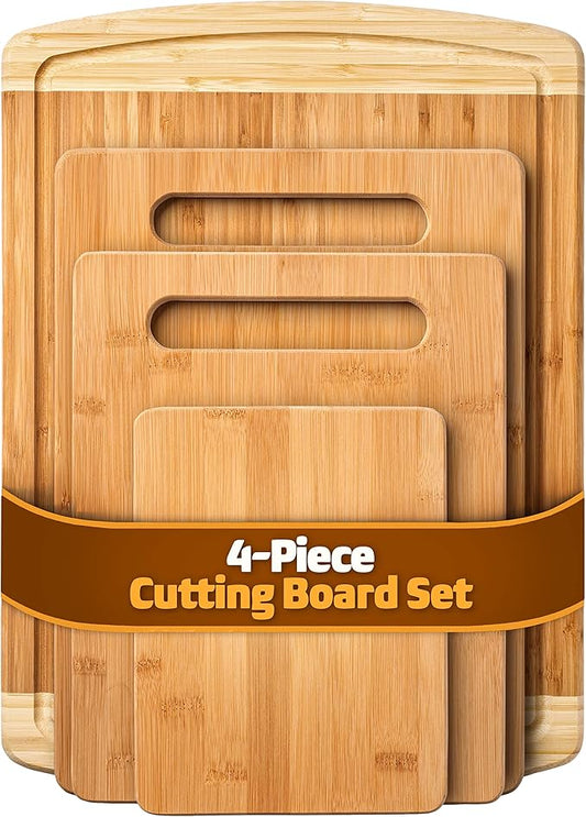 Bamboo Cutting Board Set of 4 - Wooden Cutting Boards for Kitchen with Juice Groove - Large Butcher Block, Cheese Board & Charcuterie Board for Meat, Vegetables, and Cheese - Great Kitchen Gift
