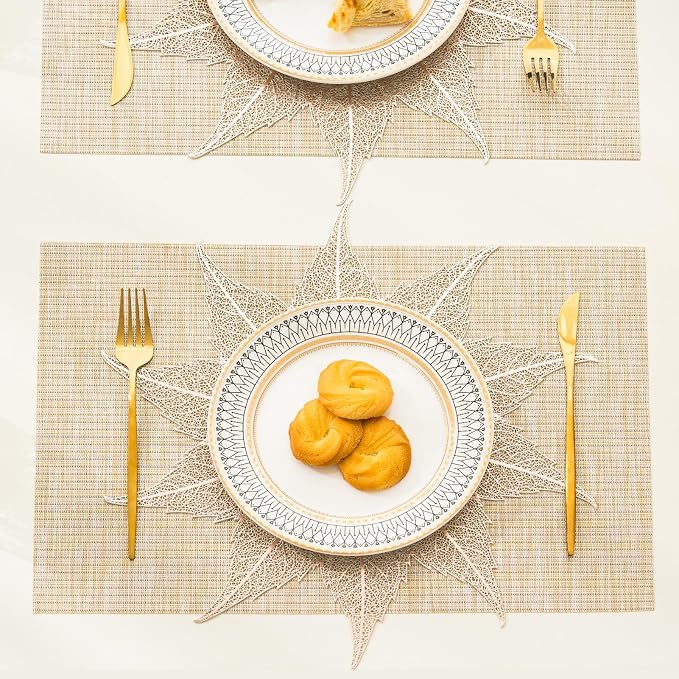 BACKTOEDEN Placemats Set of 6 Heat Resistant Washable Wipeable Placemat Woven Non-Slip Foldable Vinyl/Plastic Place Mats Indoor/Outdoor Mat Kitchen Dining Table Pad, Gold Maple Leaf & Beige
