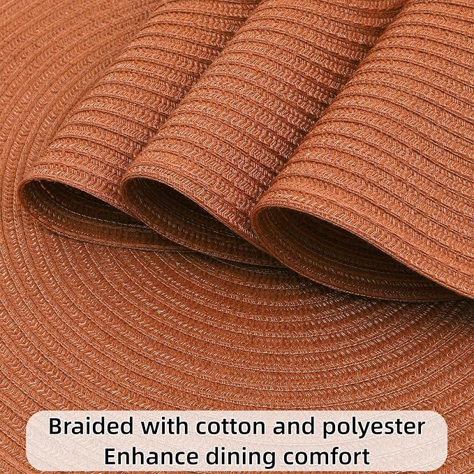 SHACOS Round Placemats Set of 6 Washable 15 inch Round Placemat Cotton Polyester Woven Braided Table Place Mats for Dining Table Decor, Dark Orange