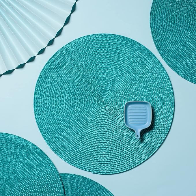 AHHFSMEI Round Placemats Set of 6 Heat Resistant Washable Non-Slip Woven Braided Table Mats for Dining Table Kitchen & Home Decor (Turquoise)
