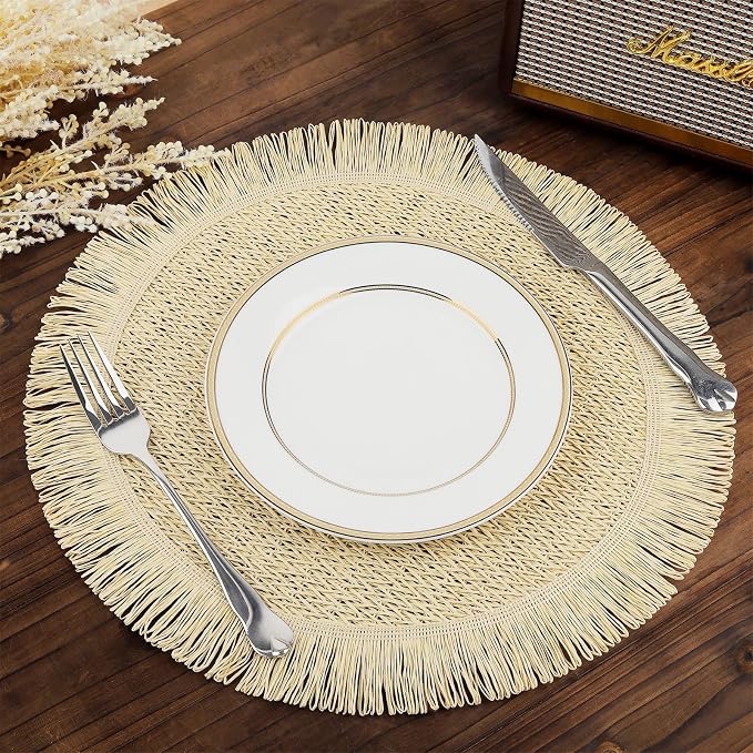 fanquare Boho Round Paper Placemats 15'' Set of 6, Rustic Woven Fade-Safe Tablemats,Braided Placemats for Home, Cafe or Events, Beige