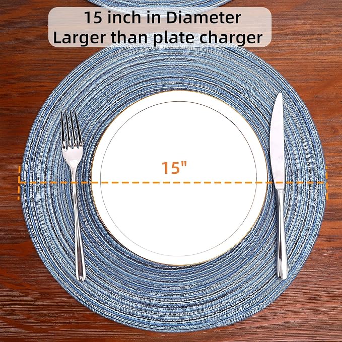 SHACOS Round Braided Placemats Set of 12 Circle Place Mats Cotton Polyester Kitchen Table Mats for Dining Table Wedding Party Decor (Blue Gray, 12)